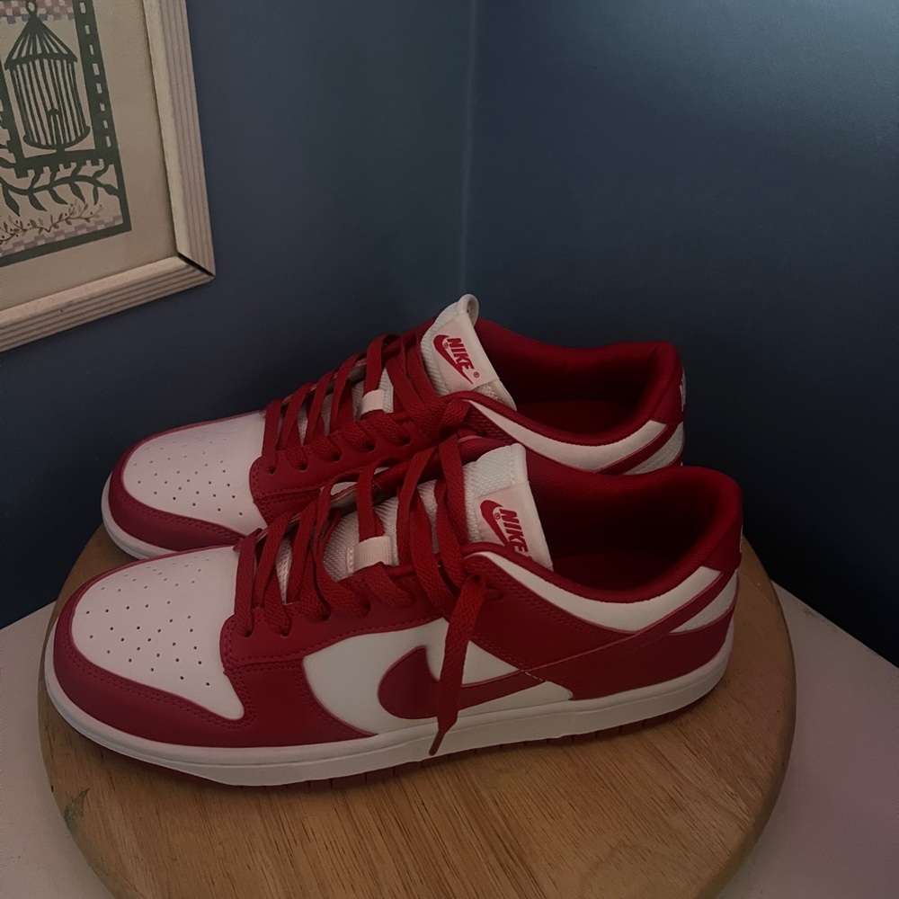 Red and white nike dunks
